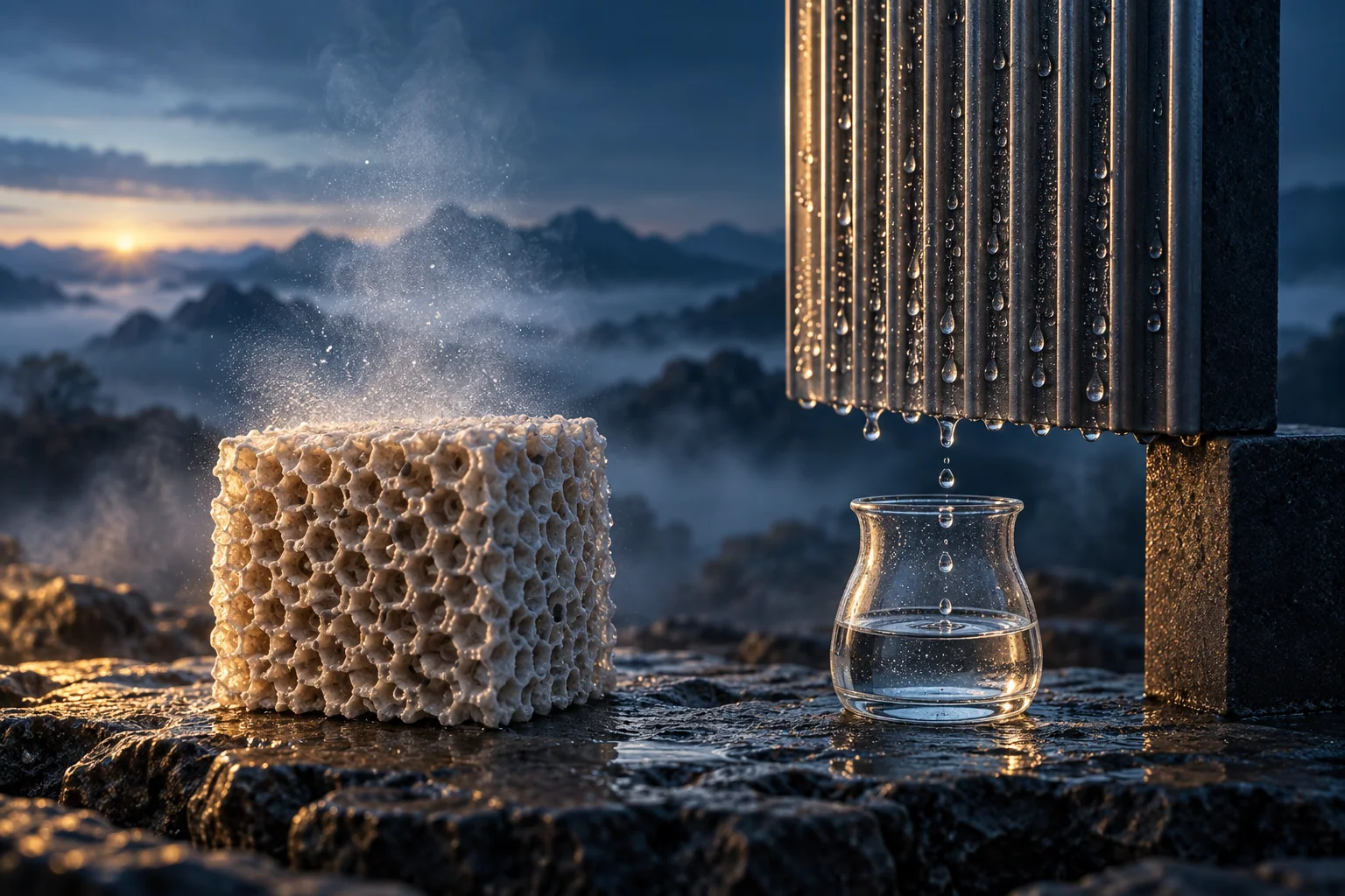 Concept illustration of a porous material, a droplet-covered condensation surface and a small collection vessel.