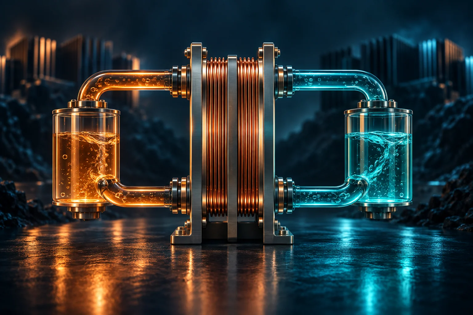 Concept illustration of copper heat-exchanger plates between separate amber and turquoise water loops.